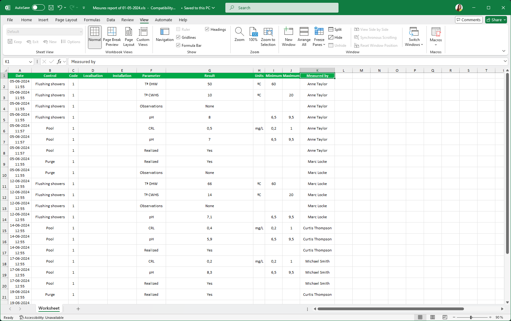 Excel report generated from EviSane.